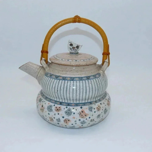 Vintage Lynne Norwood Lofton Art Pottery Pink Blue Kitten Cat Teapot Signed - Picture 9 of 13